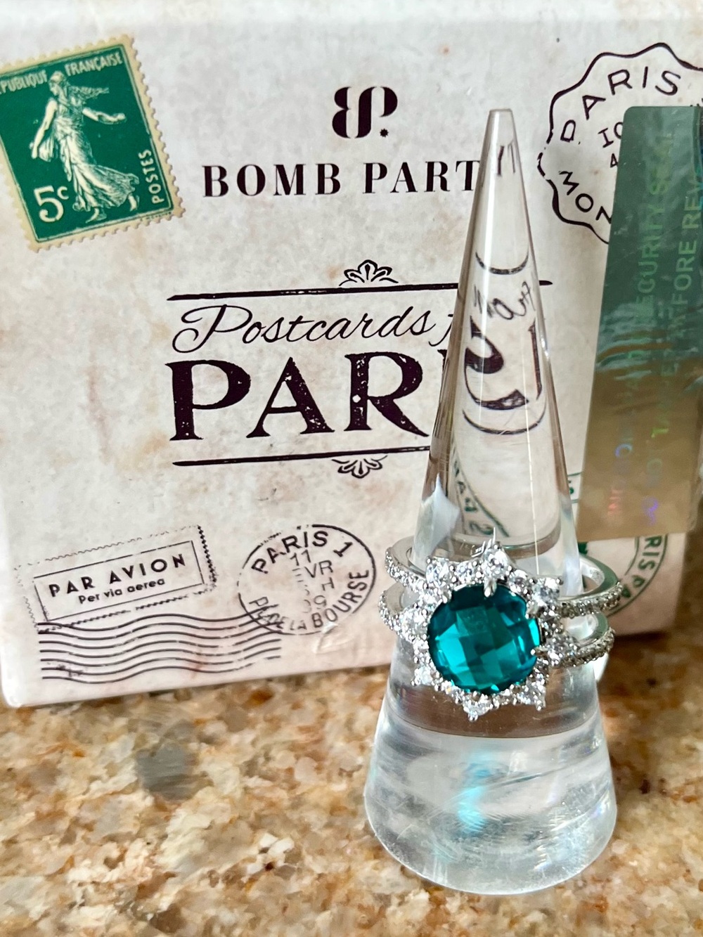 Bomb Party Postcards From Paris Teal Sapphire on Rhodium Ring